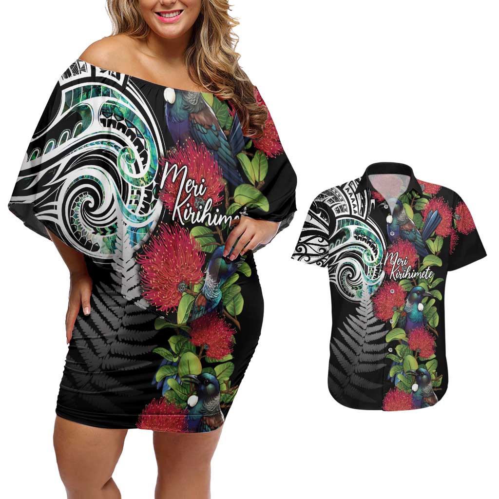 Meri Kirihimete New Zealand Couples Matching Off Shoulder Short Dress and Hawaiian Shirt Tui on Pohutukawa LT7 Black - Polynesian Pride