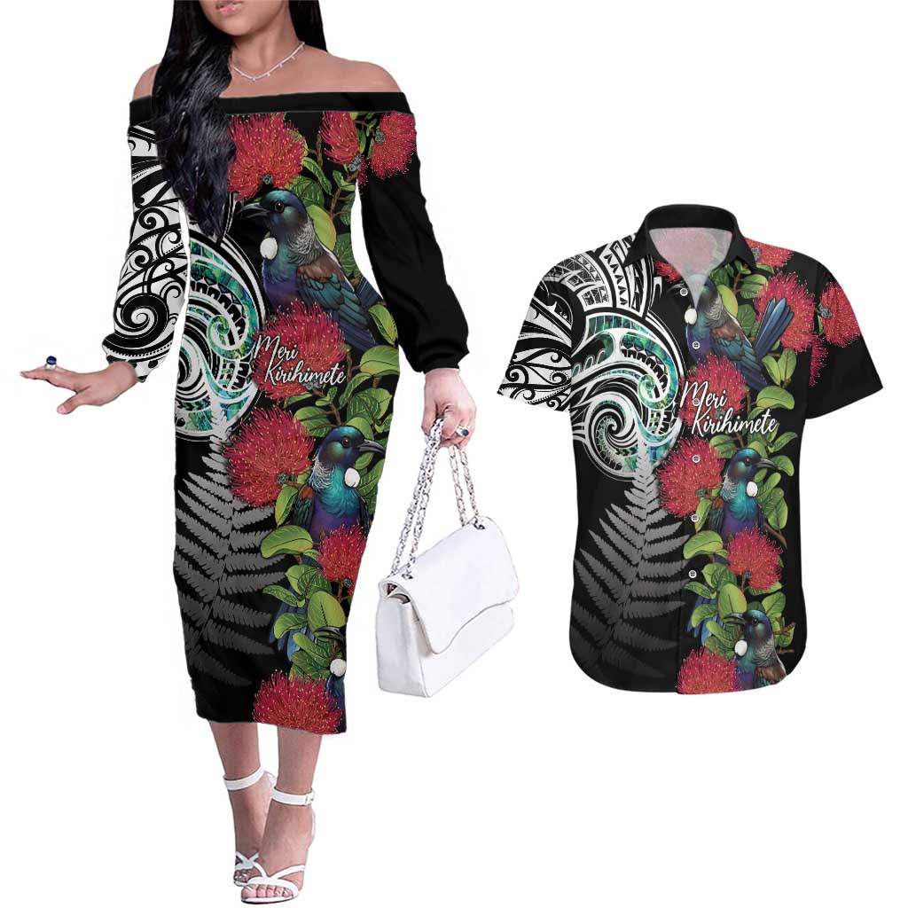Meri Kirihimete New Zealand Couples Matching Off The Shoulder Long Sleeve Dress and Hawaiian Shirt Tui on Pohutukawa LT7 Black - Polynesian Pride