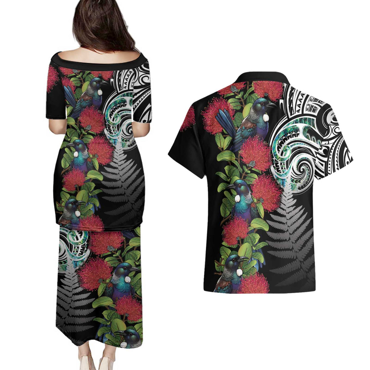 Meri Kirihimete New Zealand Couples Matching Puletasi and Hawaiian Shirt Tui on Pohutukawa