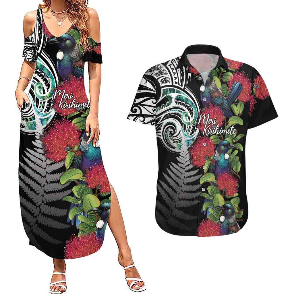 Meri Kirihimete New Zealand Couples Matching Summer Maxi Dress and Hawaiian Shirt Tui on Pohutukawa LT7 Black - Polynesian Pride