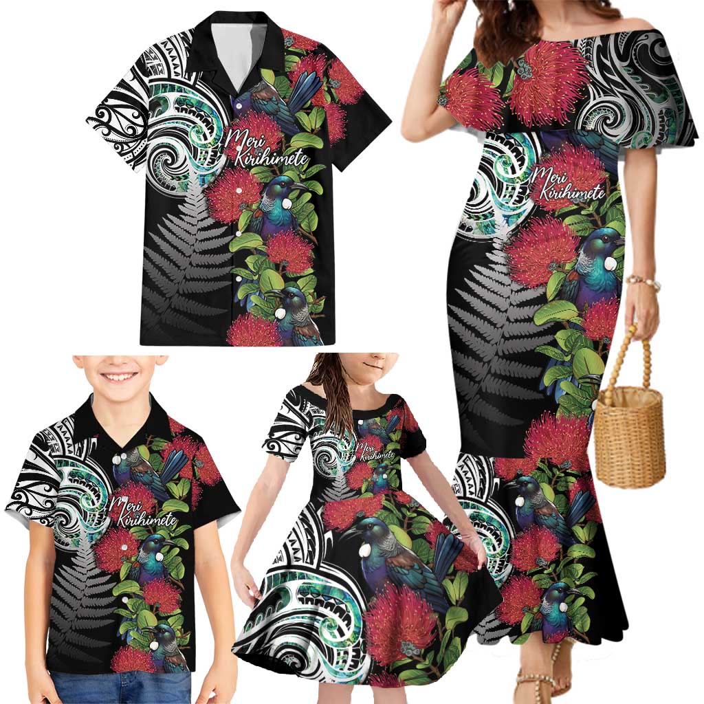 Meri Kirihimete New Zealand Family Matching Mermaid Dress and Hawaiian Shirt Tui on Pohutukawa