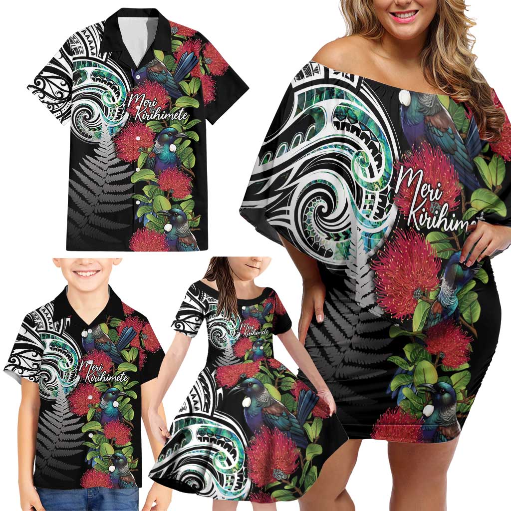 Meri Kirihimete New Zealand Family Matching Off Shoulder Short Dress and Hawaiian Shirt Tui on Pohutukawa LT7 - Polynesian Pride