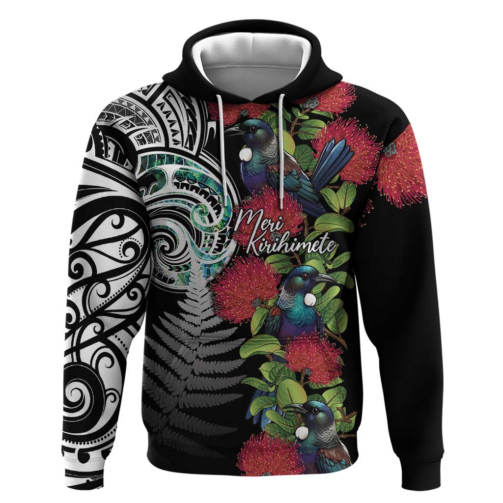 Meri Kirihimete New Zealand Hoodie Tui on Pohutukawa LT7 Pullover Hoodie Black - Polynesian Pride