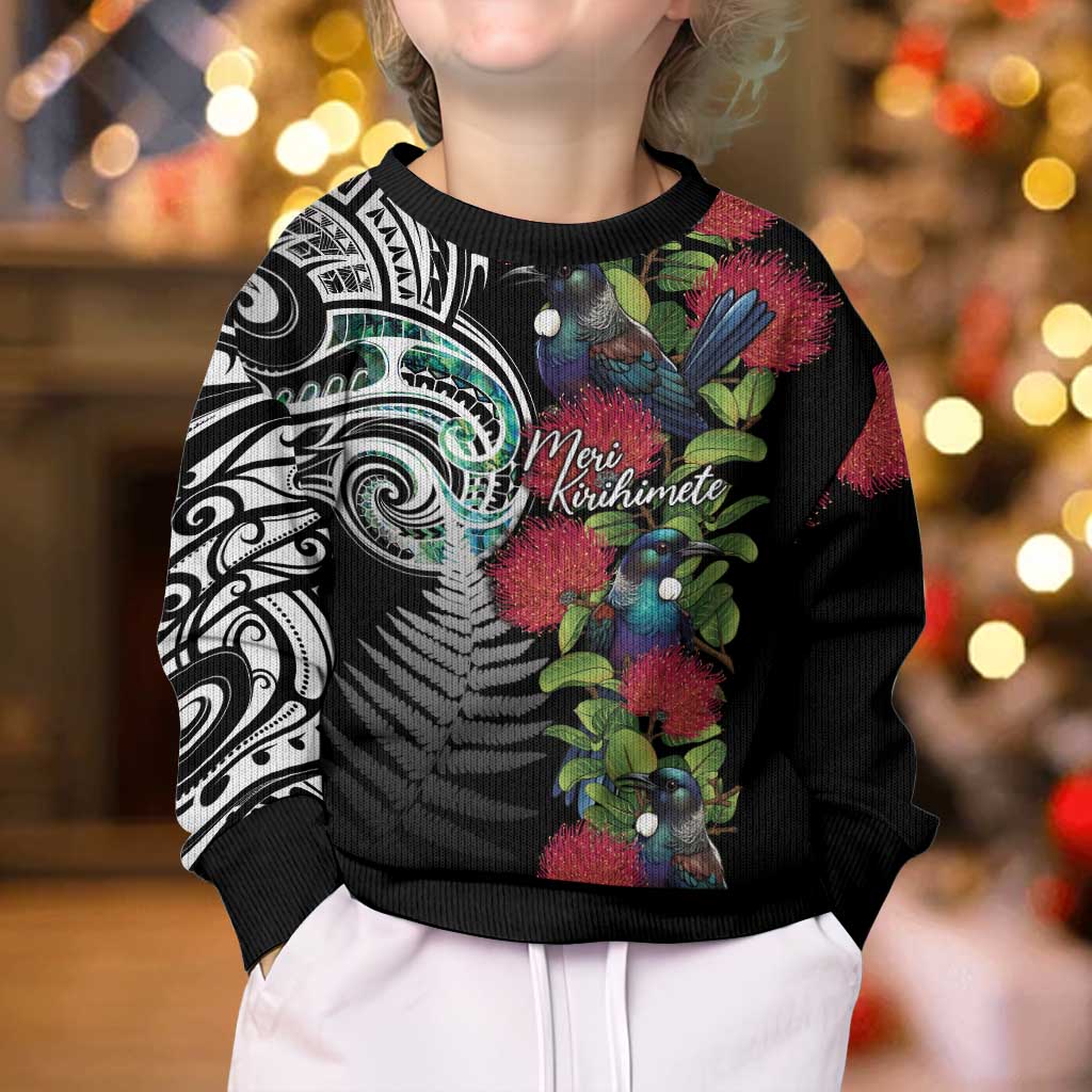 Meri Kirihimete New Zealand Kid Ugly Christmas Sweater Tui on Pohutukawa