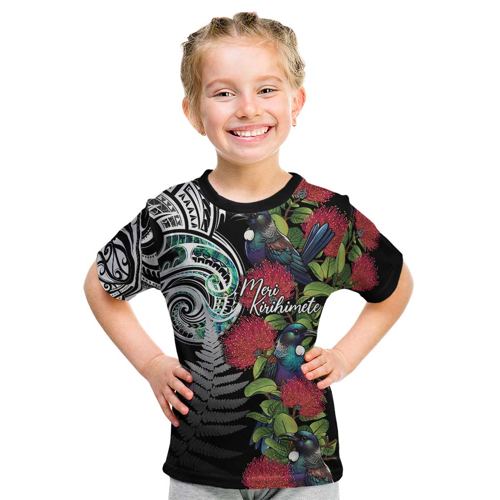 Meri Kirihimete New Zealand Kid T Shirt Tui on Pohutukawa