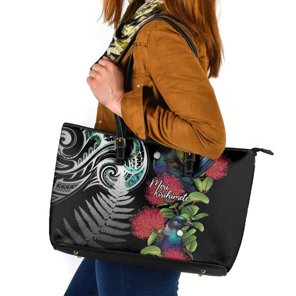 Meri Kirihimete New Zealand Leather Tote Bag Tui on Pohutukawa