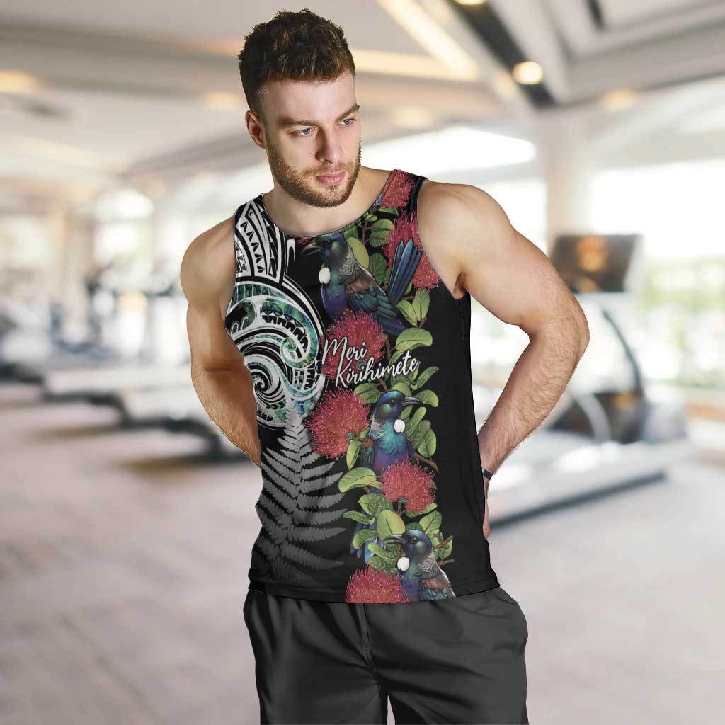 Meri Kirihimete New Zealand Men Tank Top Tui on Pohutukawa LT7 Black - Polynesian Pride