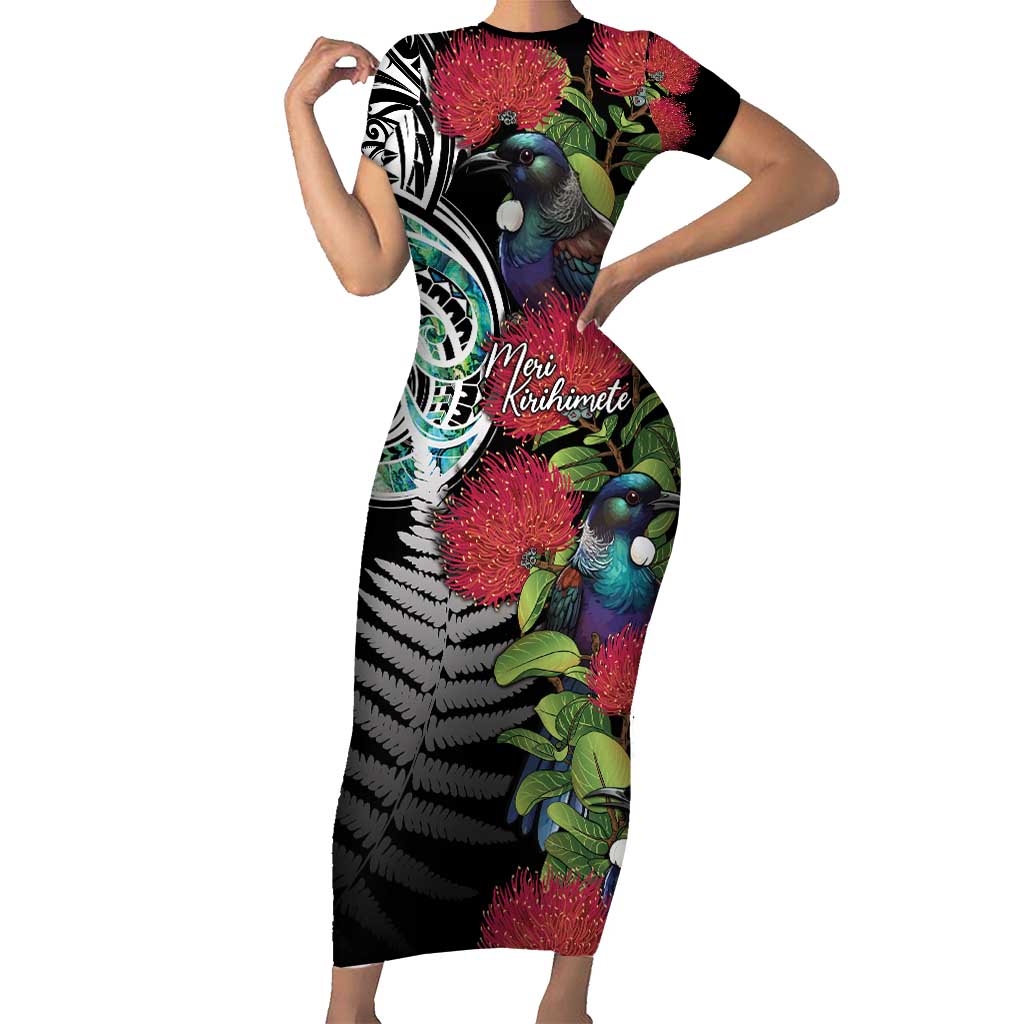 Meri Kirihimete New Zealand Short Sleeve Bodycon Dress Tui on Pohutukawa