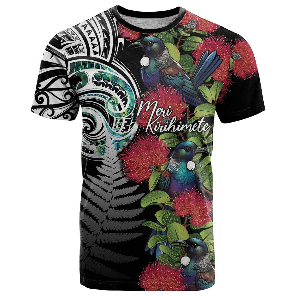 Meri Kirihimete New Zealand T Shirt Tui on Pohutukawa LT7 Black - Polynesian Pride