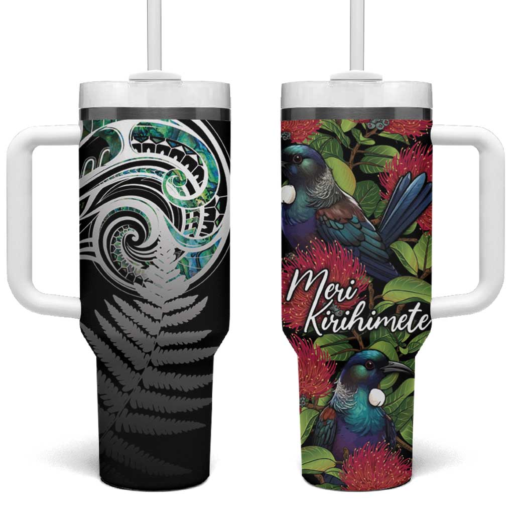 Meri Kirihimete New Zealand Tumbler With Handle Tui on Pohutukawa