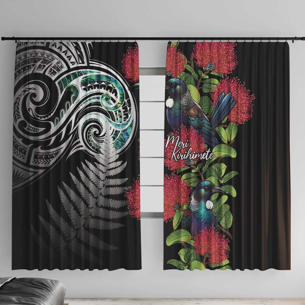 Meri Kirihimete New Zealand Window Curtain Tui on Pohutukawa LT7 With Hooks Black - Polynesian Pride