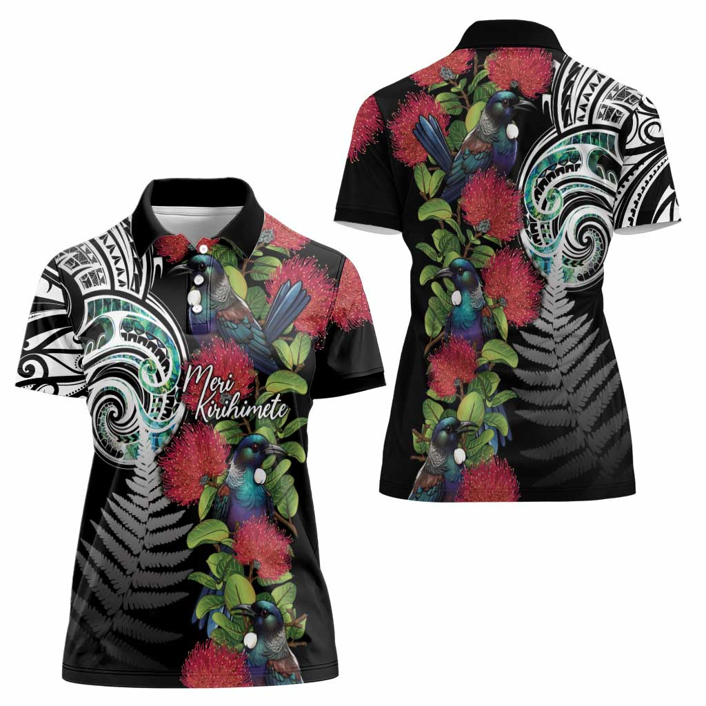 Meri Kirihimete New Zealand Women Polo Shirt Tui on Pohutukawa