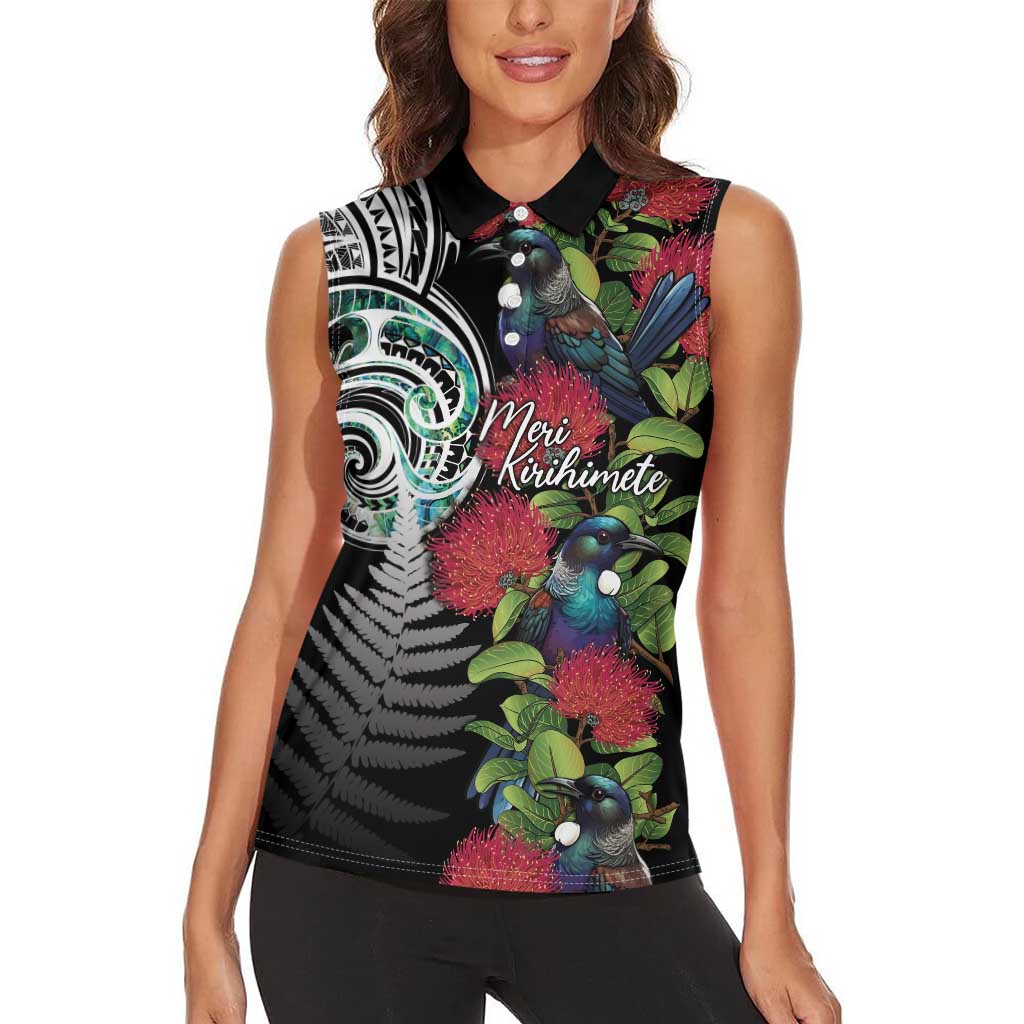 Meri Kirihimete New Zealand Women Sleeveless Polo Shirt Tui on Pohutukawa