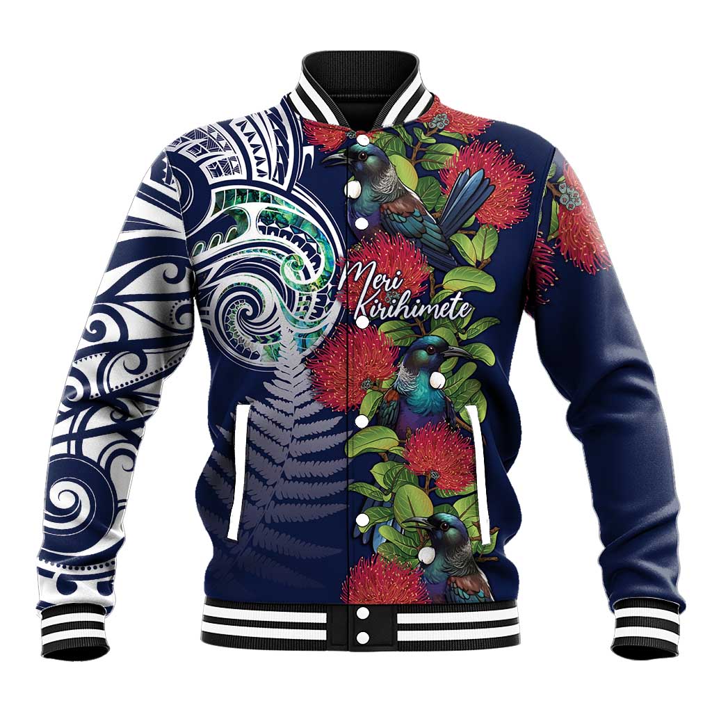 Meri Kirihimete New Zealand Baseball Jacket Tui on Pohutukawa - Blue Ver LT7 Unisex Blue - Polynesian Pride