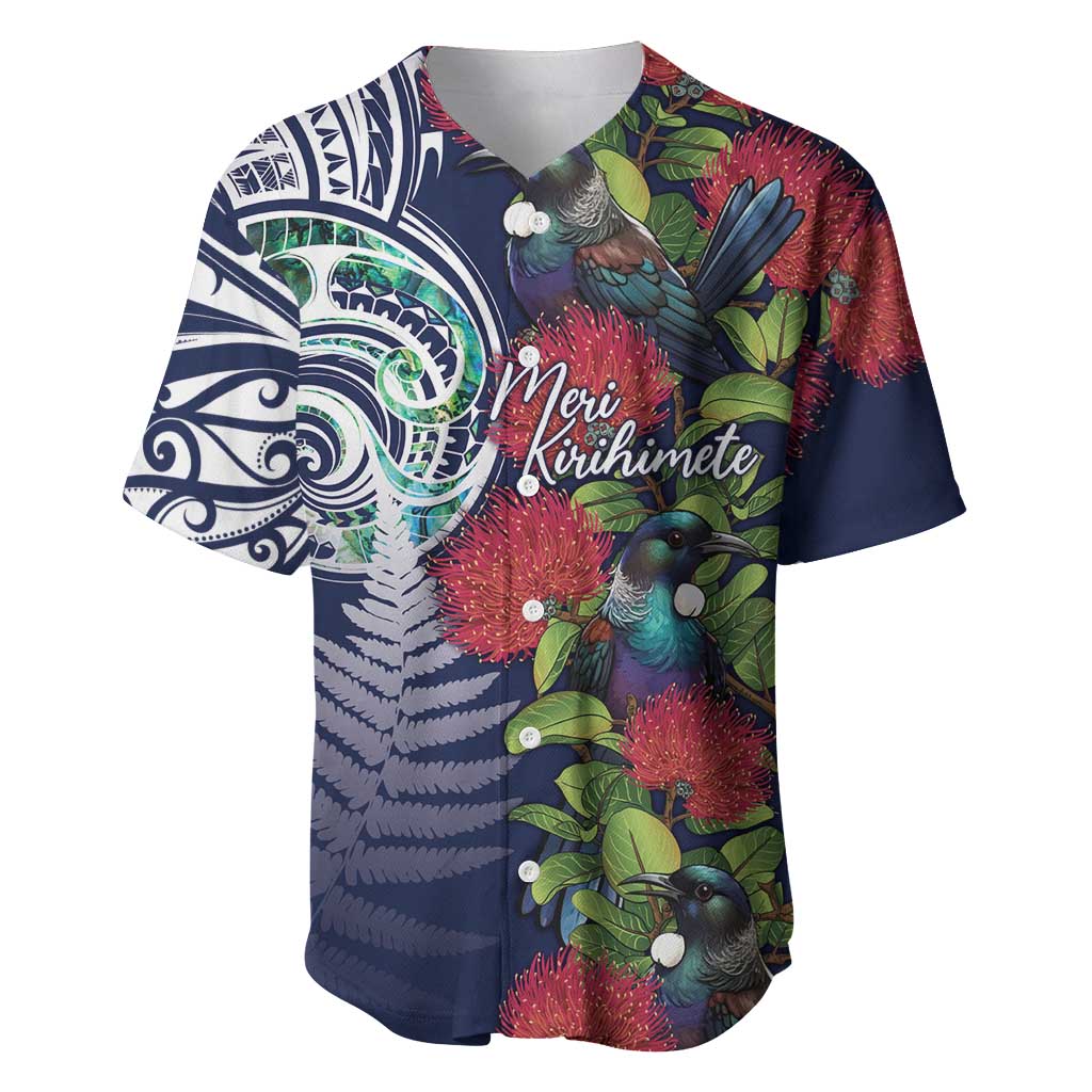 Meri Kirihimete New Zealand Baseball Jersey Tui on Pohutukawa - Blue Ver