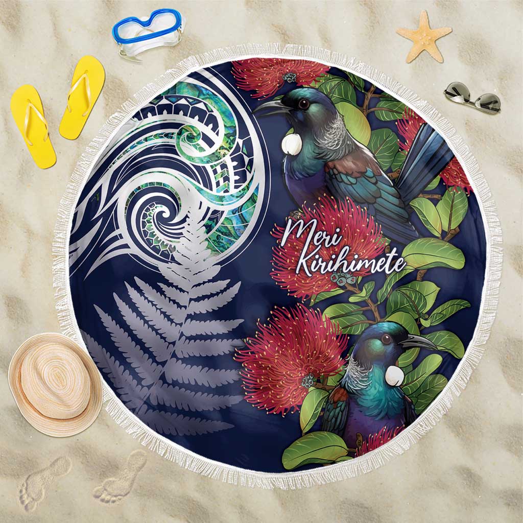 Meri Kirihimete New Zealand Beach Blanket Tui on Pohutukawa - Blue Ver