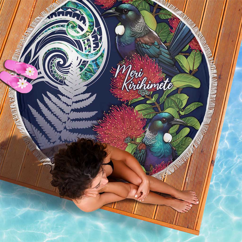 Meri Kirihimete New Zealand Beach Blanket Tui on Pohutukawa - Blue Ver LT7 - Polynesian Pride