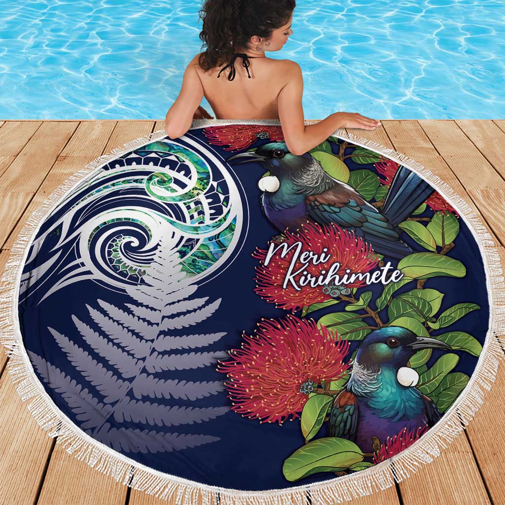 Meri Kirihimete New Zealand Beach Blanket Tui on Pohutukawa - Blue Ver LT7 - Polynesian Pride