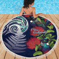 Meri Kirihimete New Zealand Beach Blanket Tui on Pohutukawa - Blue Ver LT7 - Polynesian Pride