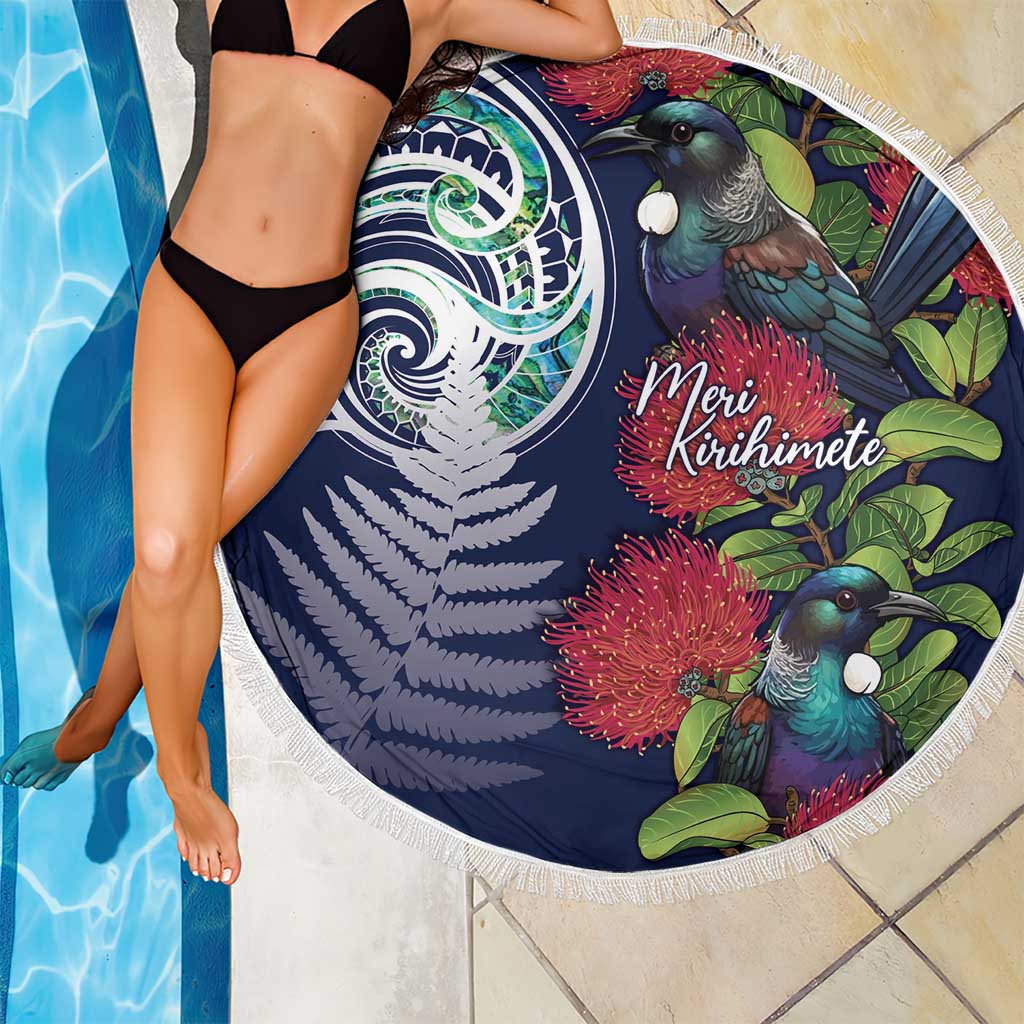 Meri Kirihimete New Zealand Beach Blanket Tui on Pohutukawa - Blue Ver LT7 - Polynesian Pride
