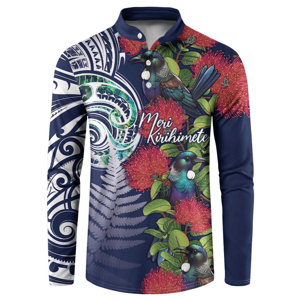 Meri Kirihimete New Zealand Button Sweatshirt Tui on Pohutukawa - Blue Ver LT7 Blue - Polynesian Pride