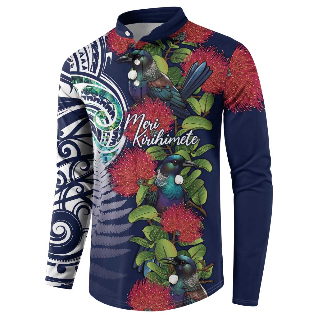 Meri Kirihimete New Zealand Button Sweatshirt Tui on Pohutukawa - Blue Ver LT7 - Polynesian Pride