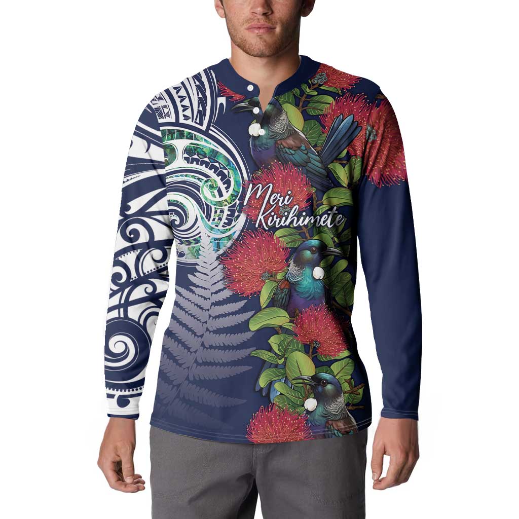 Meri Kirihimete New Zealand Button Sweatshirt Tui on Pohutukawa - Blue Ver LT7 - Polynesian Pride