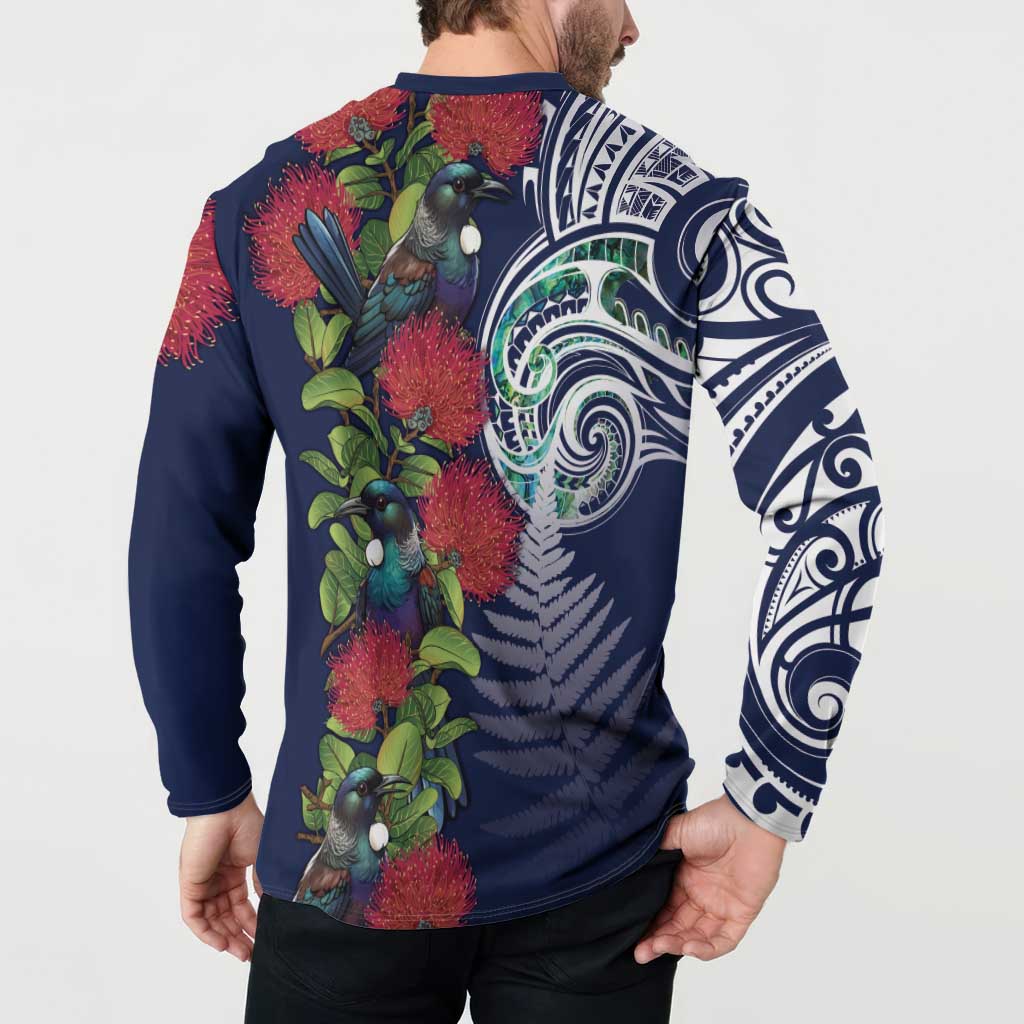 Meri Kirihimete New Zealand Button Sweatshirt Tui on Pohutukawa - Blue Ver LT7 - Polynesian Pride