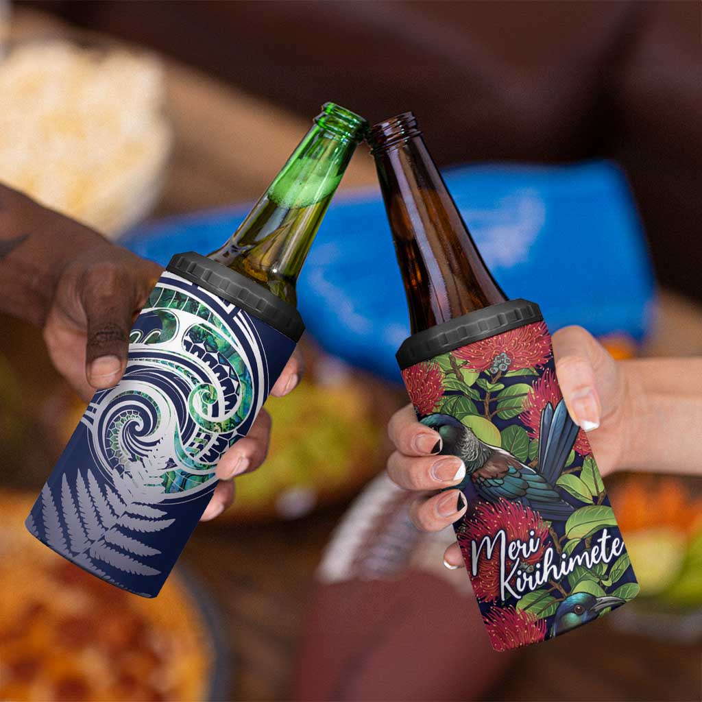 Meri Kirihimete New Zealand 4 in 1 Can Cooler Tumbler Tui on Pohutukawa - Blue Ver