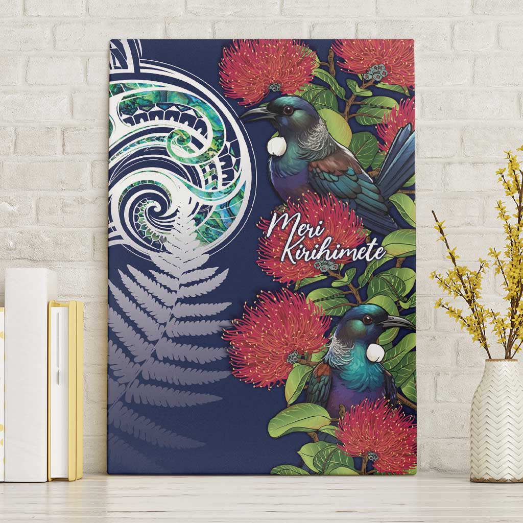 Meri Kirihimete New Zealand Canvas Wall Art Tui on Pohutukawa - Blue Ver LT7 Without Frame Blue - Polynesian Pride