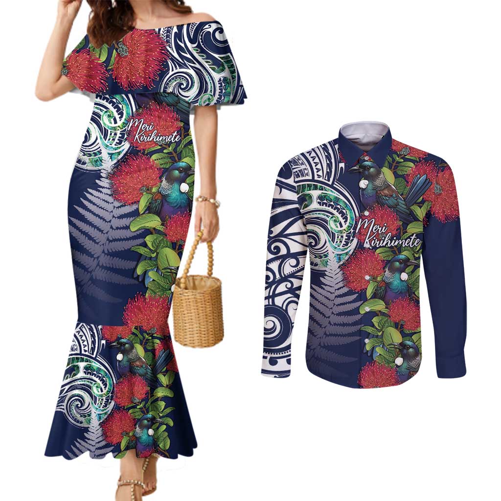 Meri Kirihimete New Zealand Couples Matching Mermaid Dress and Long Sleeve Button Shirt Tui on Pohutukawa - Blue Ver
