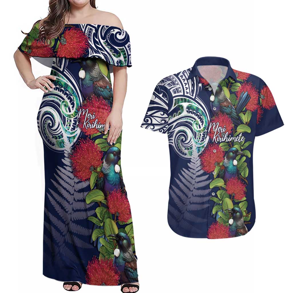 Meri Kirihimete New Zealand Couples Matching Off Shoulder Maxi Dress and Hawaiian Shirt Tui on Pohutukawa - Blue Ver