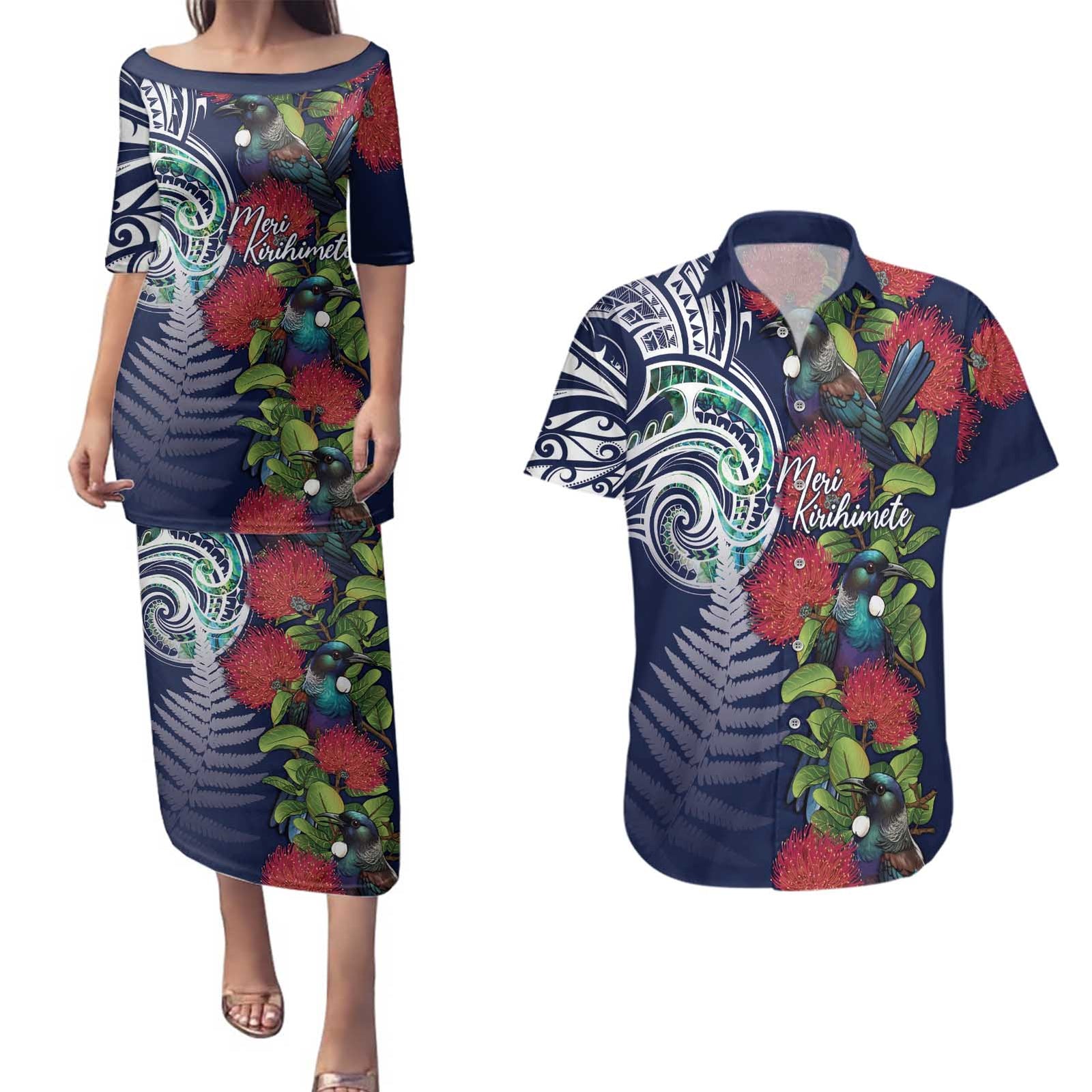 Meri Kirihimete New Zealand Couples Matching Puletasi and Hawaiian Shirt Tui on Pohutukawa - Blue Ver LT7 Blue - Polynesian Pride