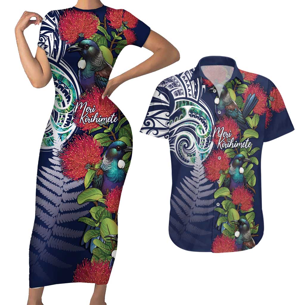 Meri Kirihimete New Zealand Couples Matching Short Sleeve Bodycon Dress and Hawaiian Shirt Tui on Pohutukawa - Blue Ver