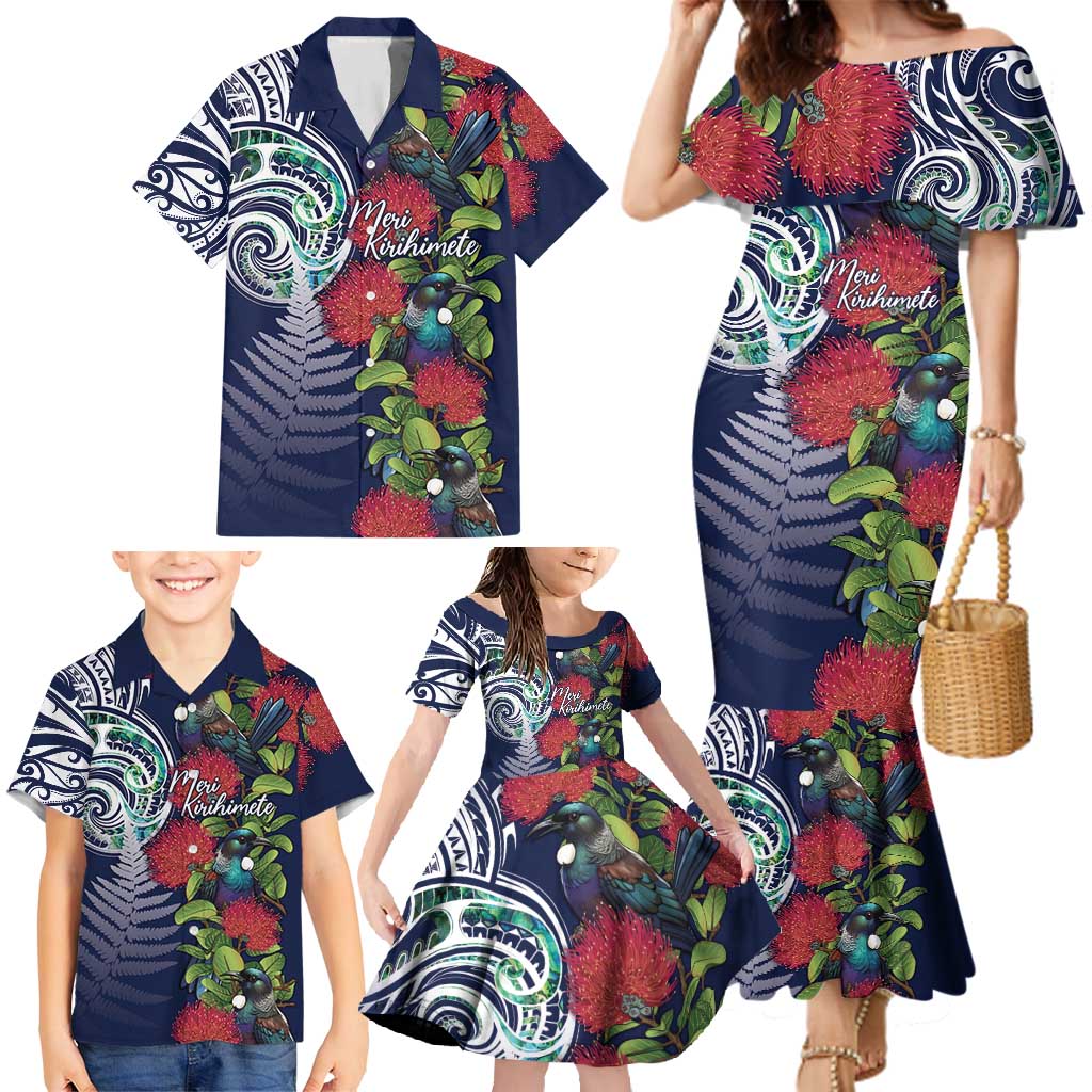Meri Kirihimete New Zealand Family Matching Mermaid Dress and Hawaiian Shirt Tui on Pohutukawa - Blue Ver LT7 - Polynesian Pride