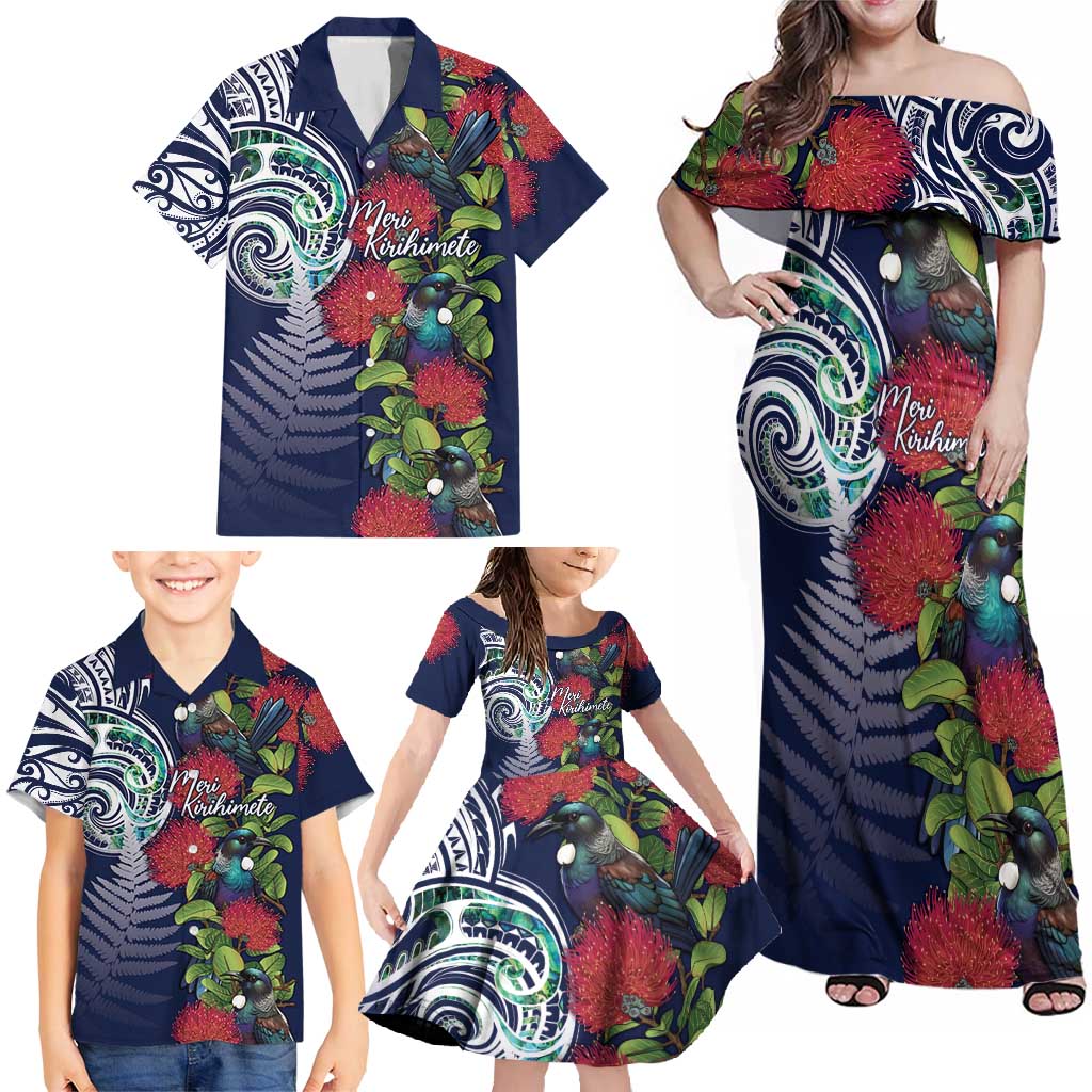 Meri Kirihimete New Zealand Family Matching Off Shoulder Maxi Dress and Hawaiian Shirt Tui on Pohutukawa - Blue Ver