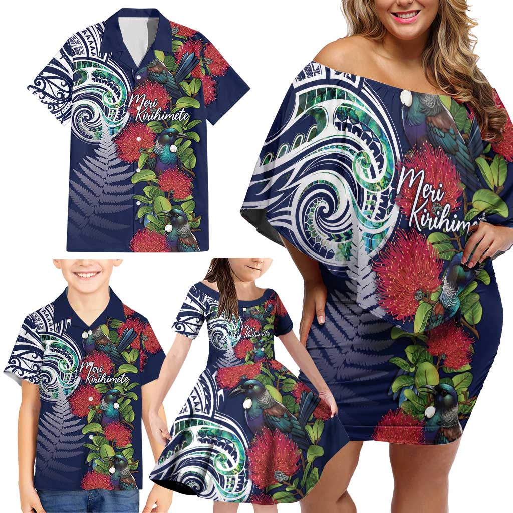 Meri Kirihimete New Zealand Family Matching Off Shoulder Short Dress and Hawaiian Shirt Tui on Pohutukawa - Blue Ver