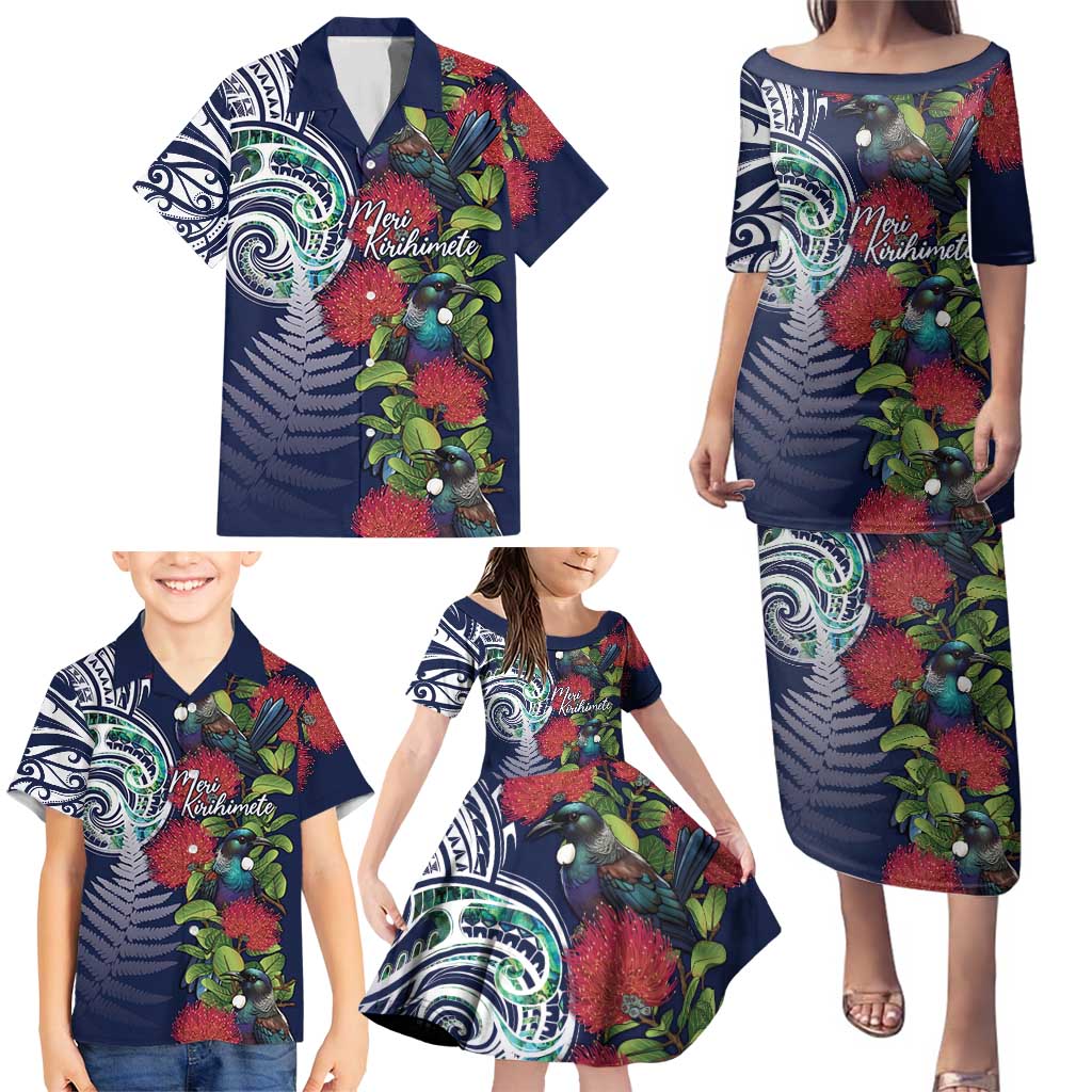 Meri Kirihimete New Zealand Family Matching Puletasi and Hawaiian Shirt Tui on Pohutukawa - Blue Ver