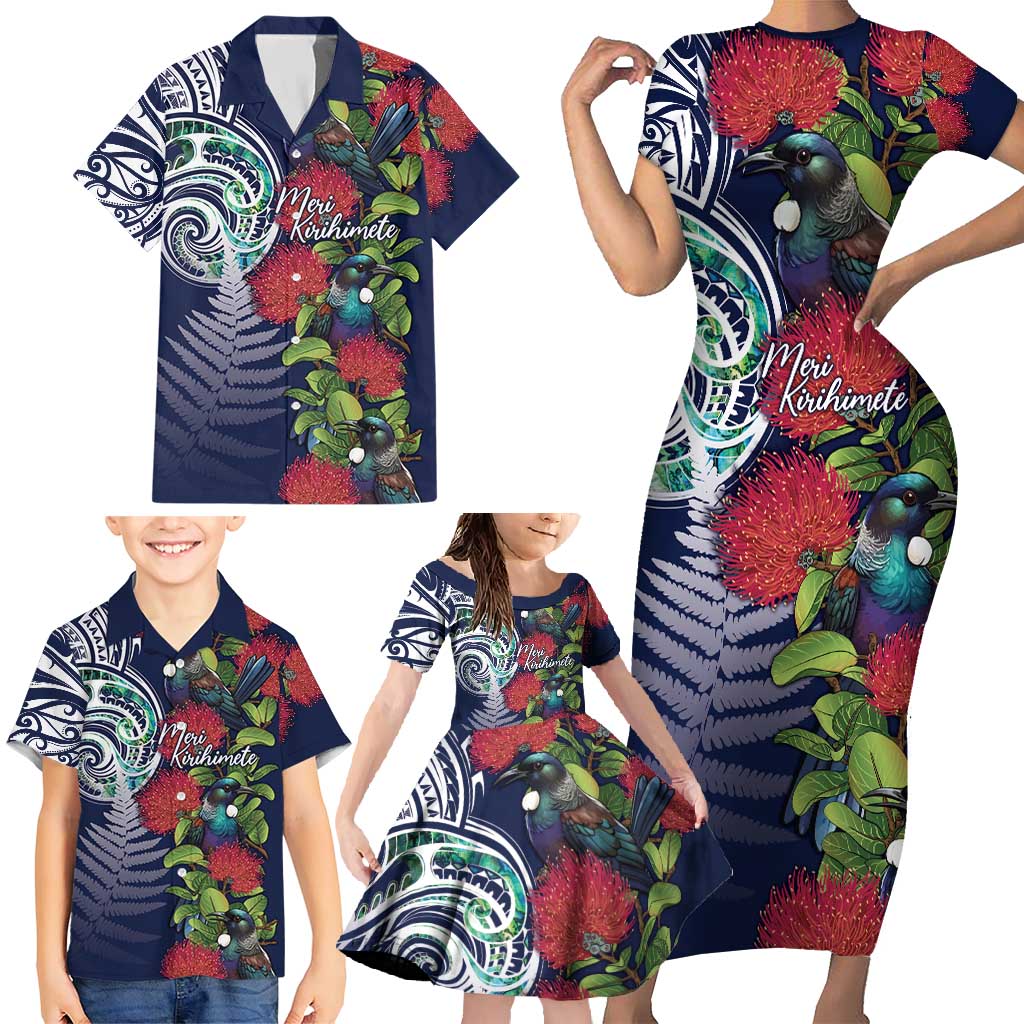 Meri Kirihimete New Zealand Family Matching Short Sleeve Bodycon Dress and Hawaiian Shirt Tui on Pohutukawa - Blue Ver