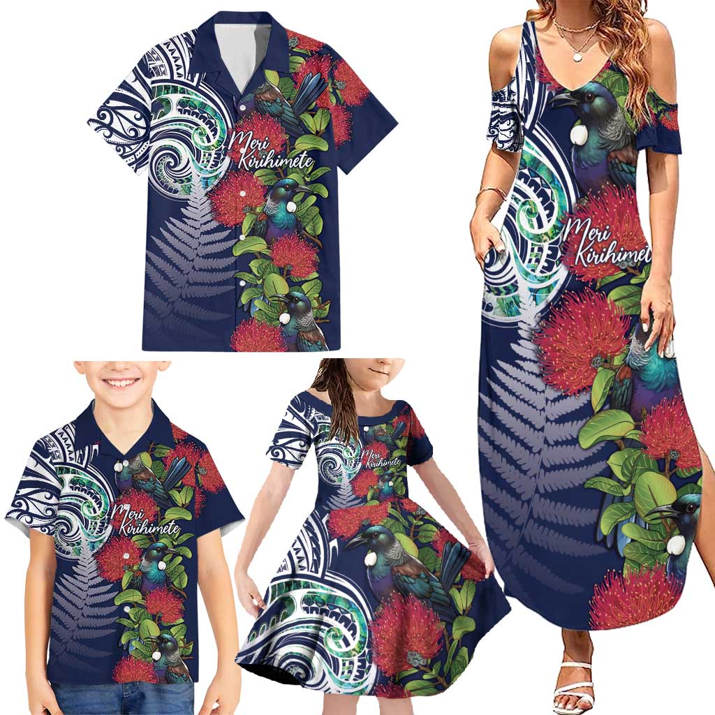 Meri Kirihimete New Zealand Family Matching Summer Maxi Dress and Hawaiian Shirt Tui on Pohutukawa - Blue Ver LT7 - Polynesian Pride