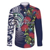 Meri Kirihimete New Zealand Family Matching Tank Maxi Dress and Hawaiian Shirt Tui on Pohutukawa - Blue Ver LT7 Dad's Shirt - Long Sleeve Blue - Polynesian Pride