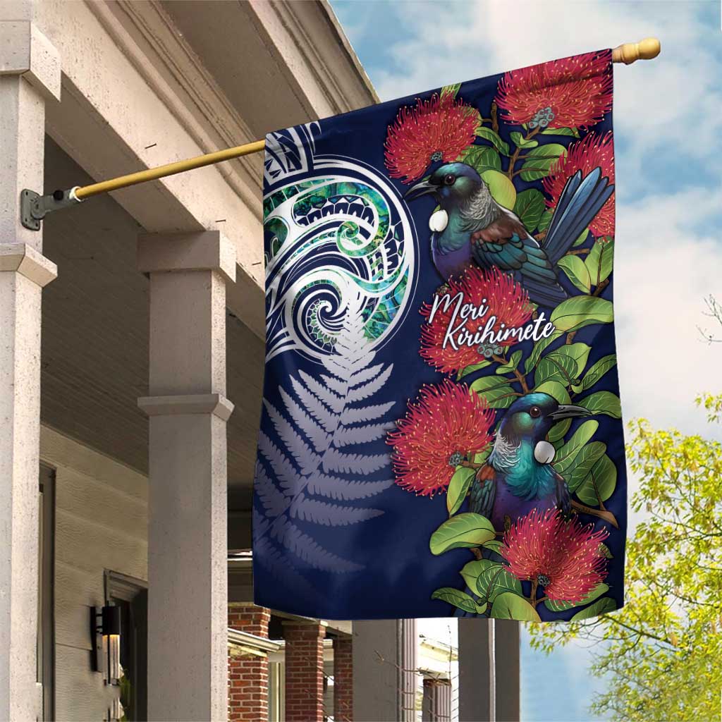 Meri Kirihimete New Zealand Garden Flag Tui on Pohutukawa - Blue Ver LT7 House Flag Blue - Polynesian Pride