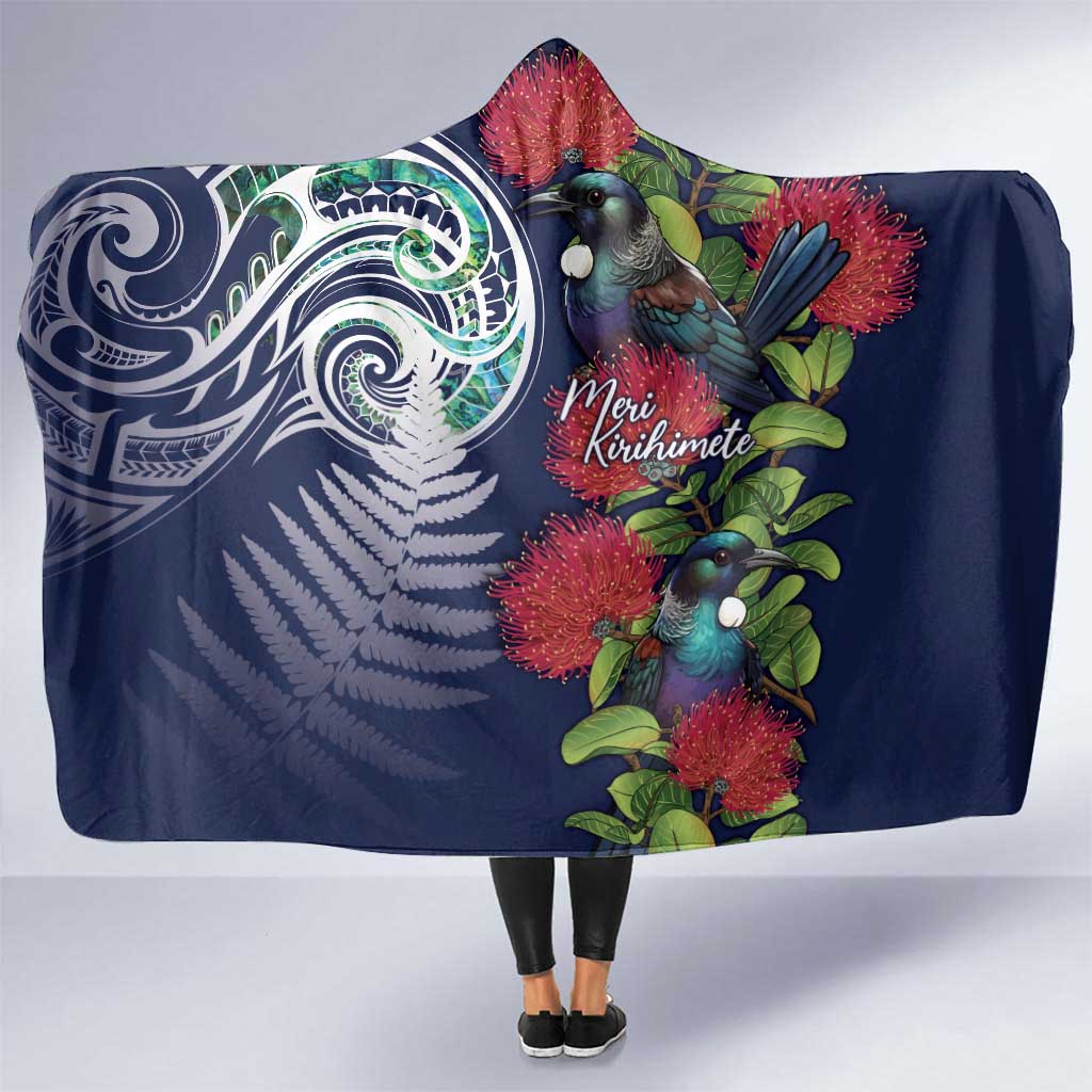 Meri Kirihimete New Zealand Hooded Blanket Tui on Pohutukawa - Blue Ver