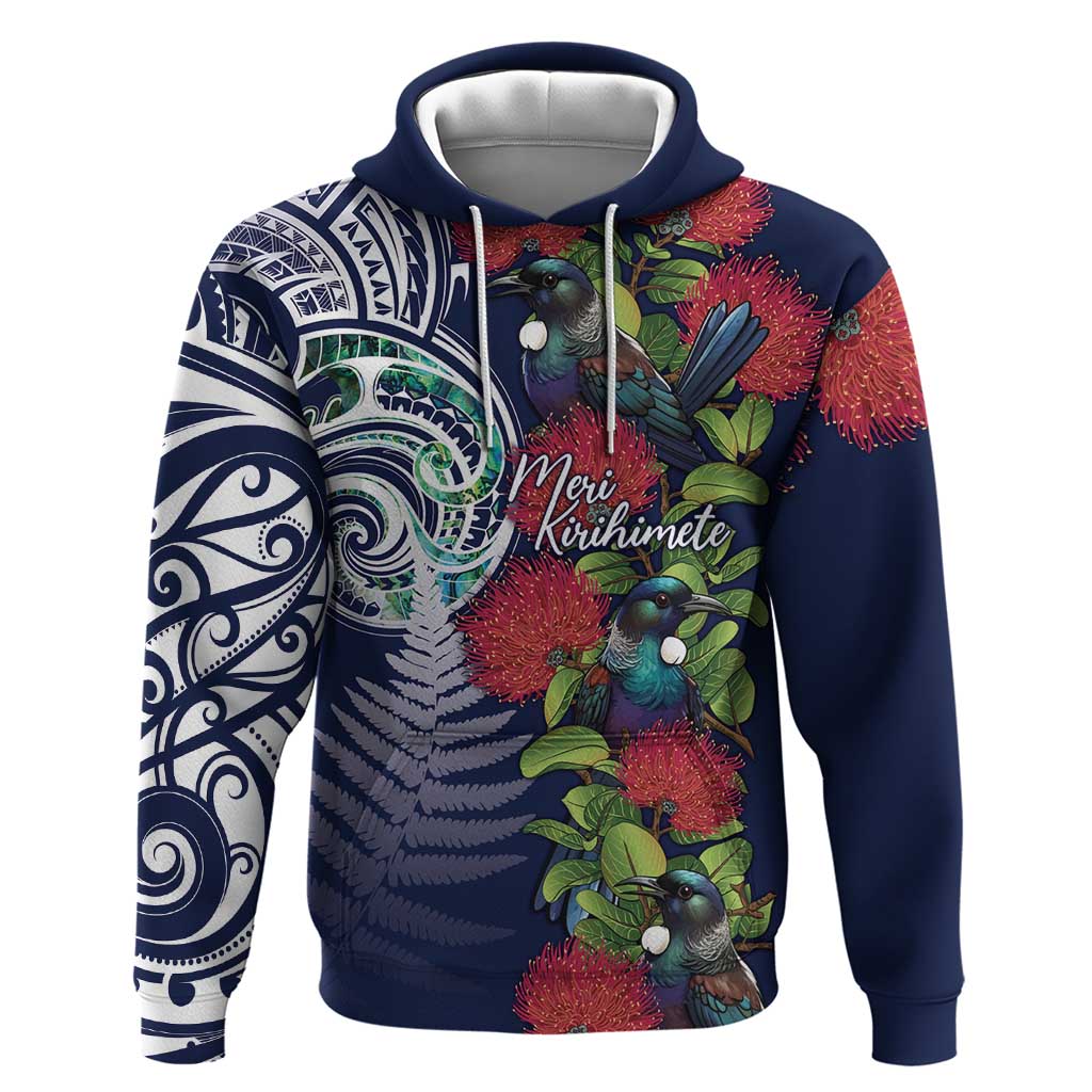 Meri Kirihimete New Zealand Hoodie Tui on Pohutukawa - Blue Ver LT7 Pullover Hoodie Blue - Polynesian Pride