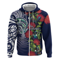 Meri Kirihimete New Zealand Hoodie Tui on Pohutukawa - Blue Ver LT7 Zip Hoodie Blue - Polynesian Pride