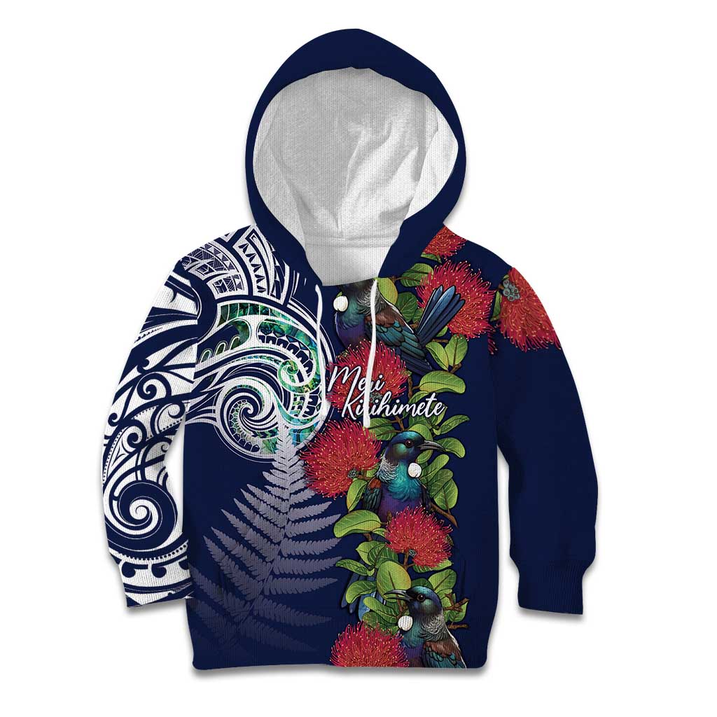 Meri Kirihimete New Zealand Kid Hoodie Tui on Pohutukawa - Blue Ver