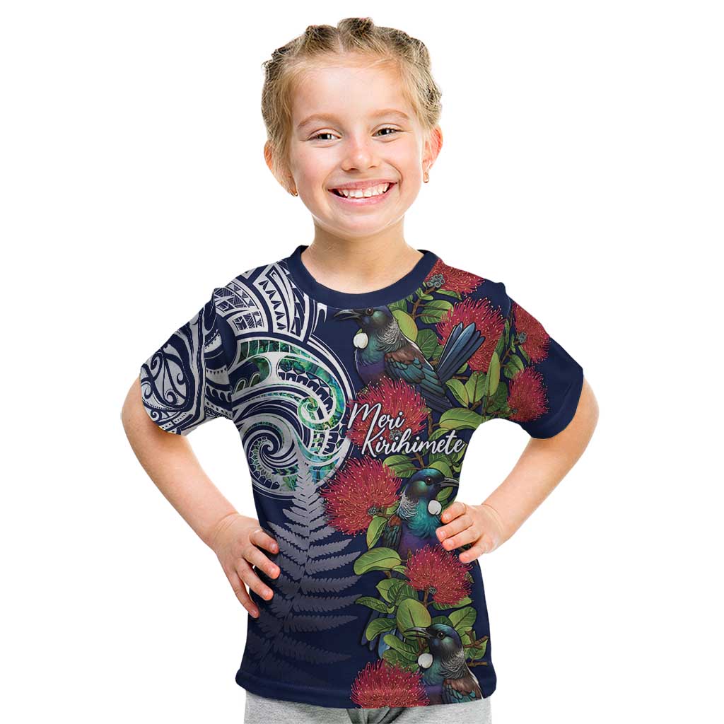 Meri Kirihimete New Zealand Kid T Shirt Tui on Pohutukawa - Blue Ver