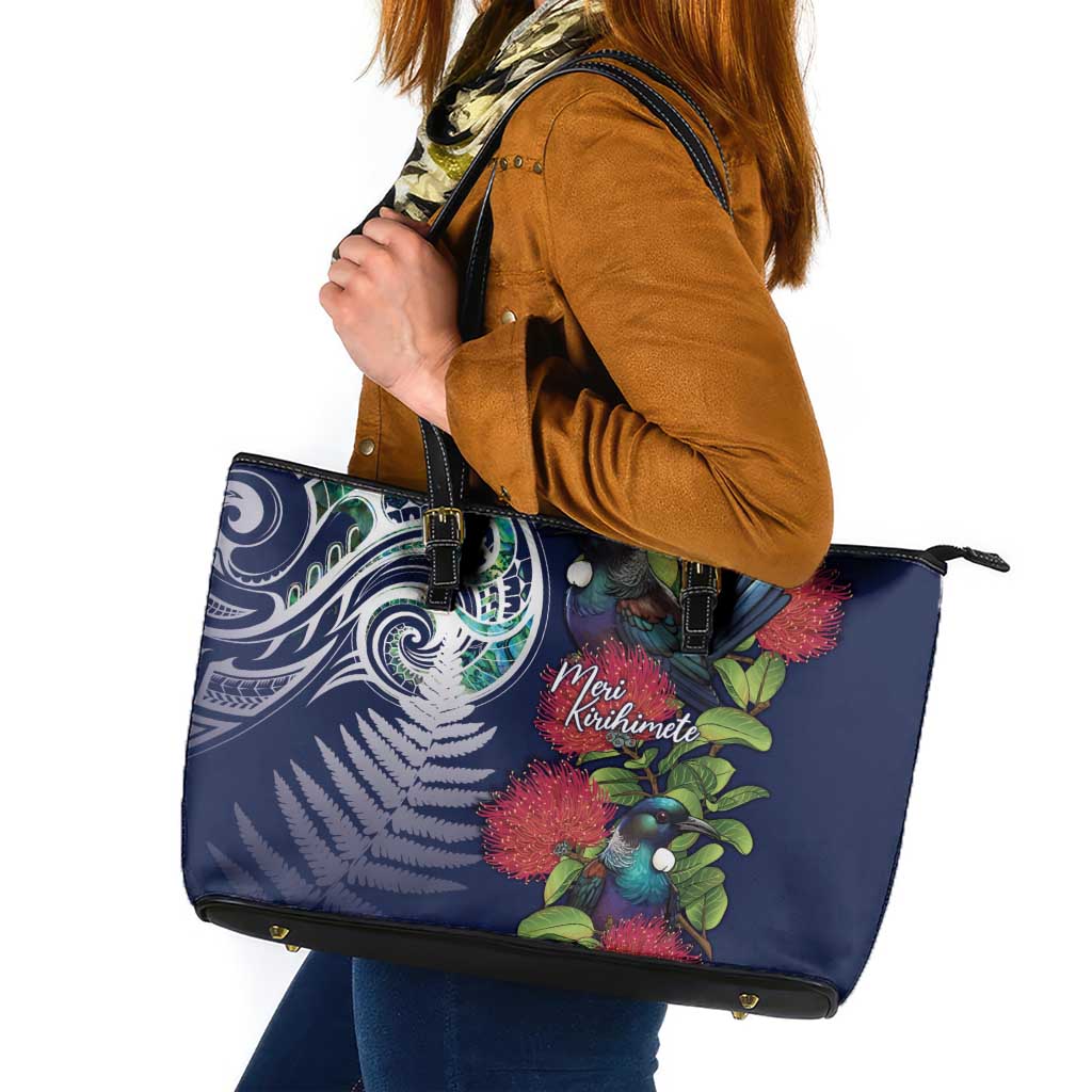 Meri Kirihimete New Zealand Leather Tote Bag Tui on Pohutukawa - Blue Ver