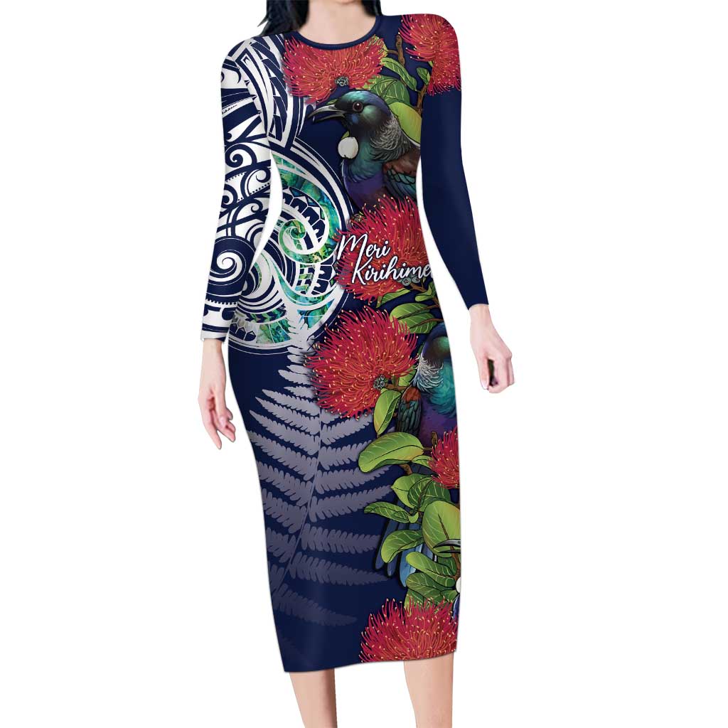 Meri Kirihimete New Zealand Long Sleeve Bodycon Dress Tui on Pohutukawa - Blue Ver