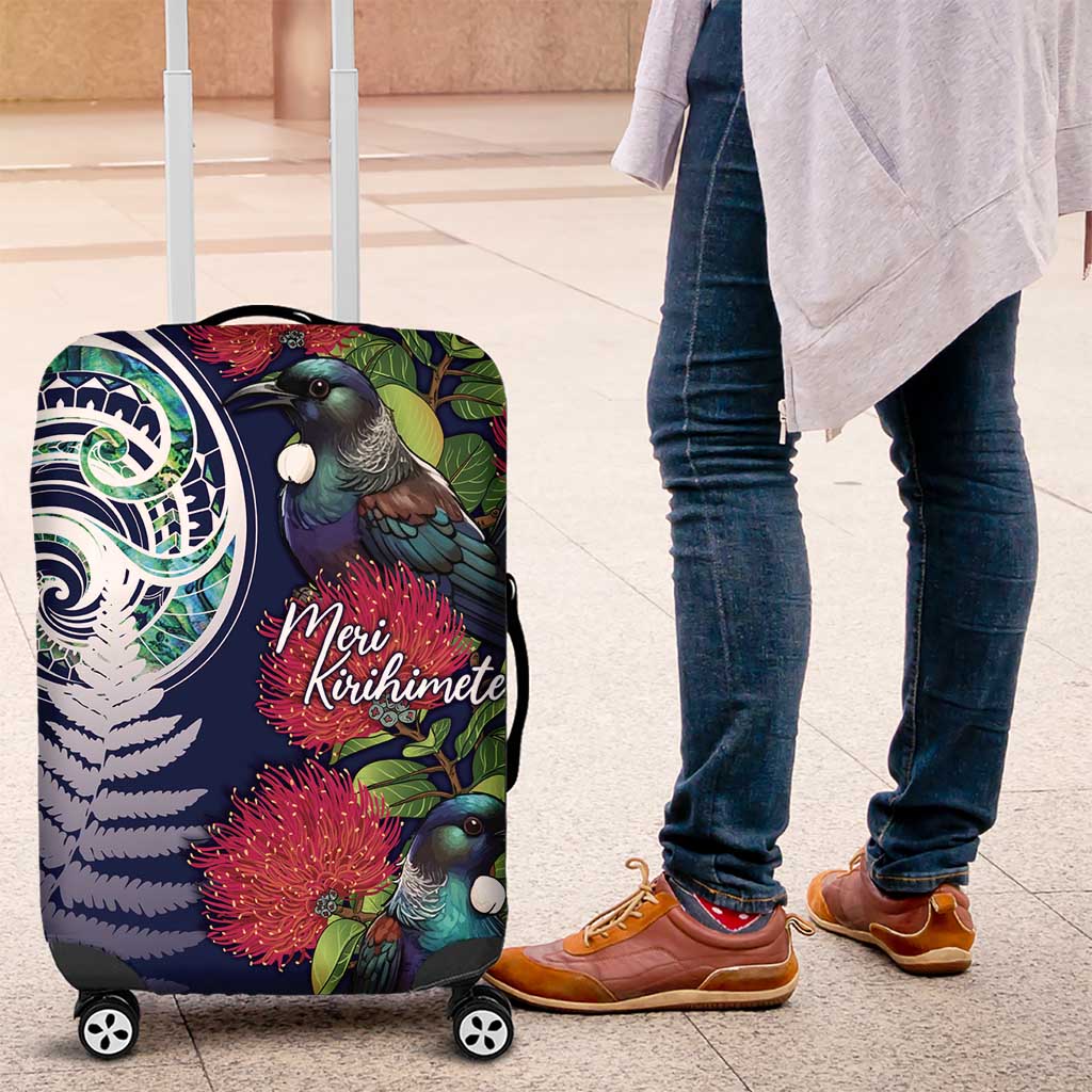 Meri Kirihimete New Zealand Luggage Cover Tui on Pohutukawa - Blue Ver